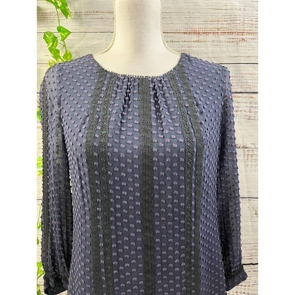 J Crew Blouse size 0 Navy Blue Lace Dotted Sheer Boho Peasant Prairie Modest - Picture 2 of 10